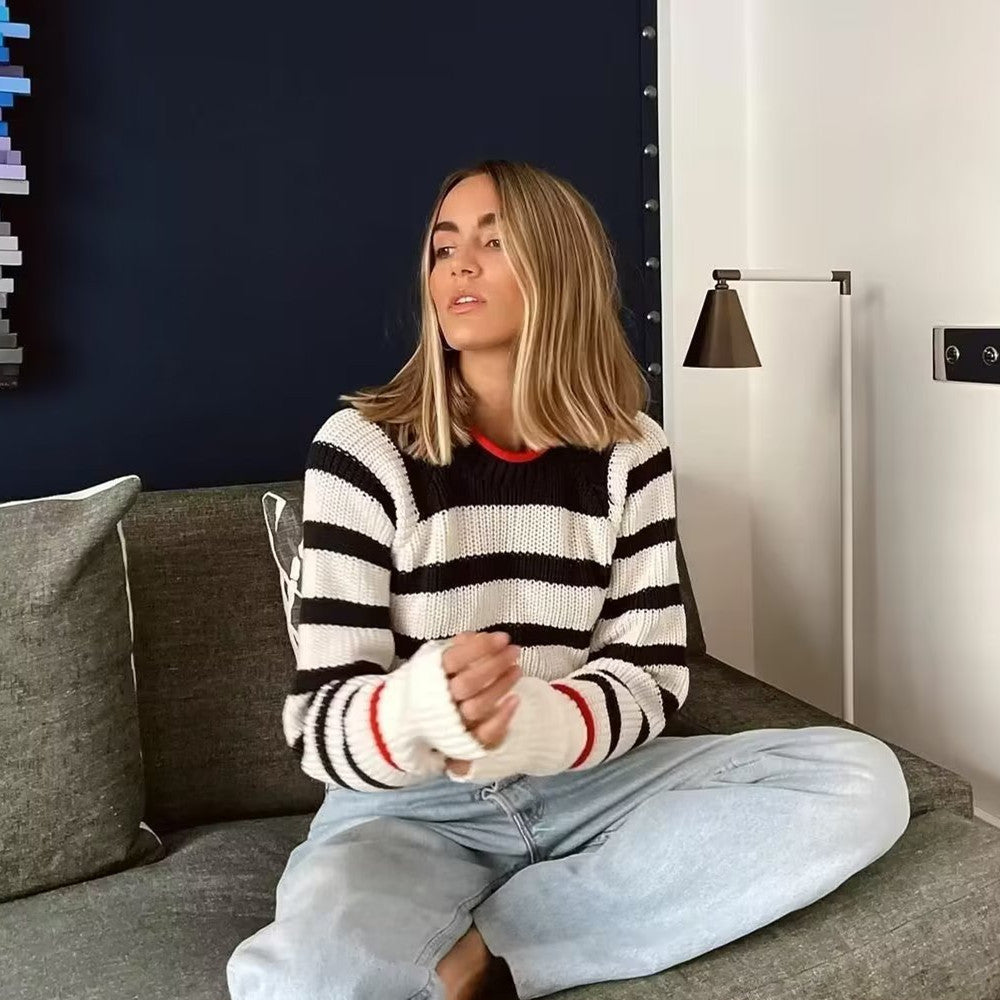 Lace-up Sweater for Women – Stripes & Plaid Pattern Knitwear