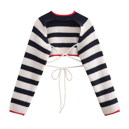 Lace-up Sweater for Women – Stripes & Plaid Pattern Knitwear