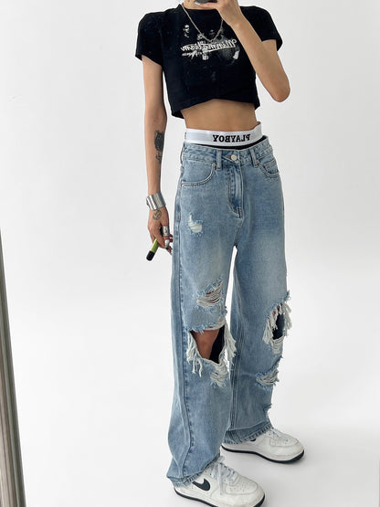 Light Blue Knee Ripped Full Length Women Jeans