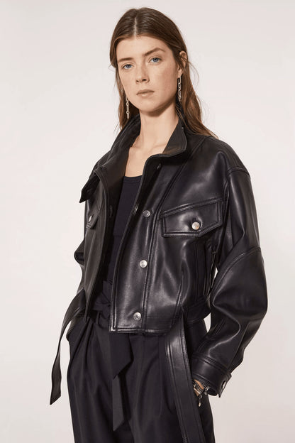 Luxury Black Style Belted Women Leather Jackets