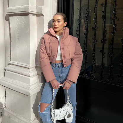 Women's Stand Collar Thickened Short Padded Puffer Jackets – Coats Outfits Women & Cozy Winter Style