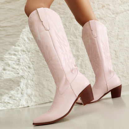 Lightning Embroidery Knee-High Boots for Women | Chunky Heel PU Leather Statement Boots