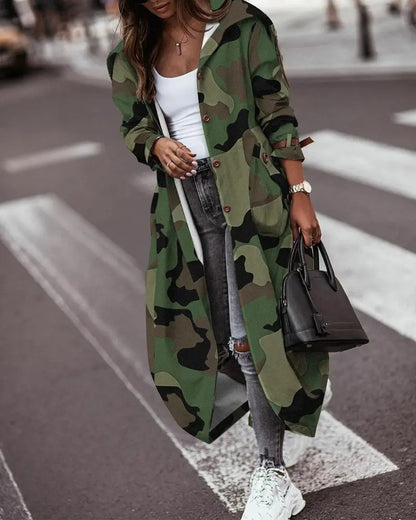Camouflage Mid-Length Trench Coat – Trench Coats Women Outfit Casual & Trendy Commuter Outfits