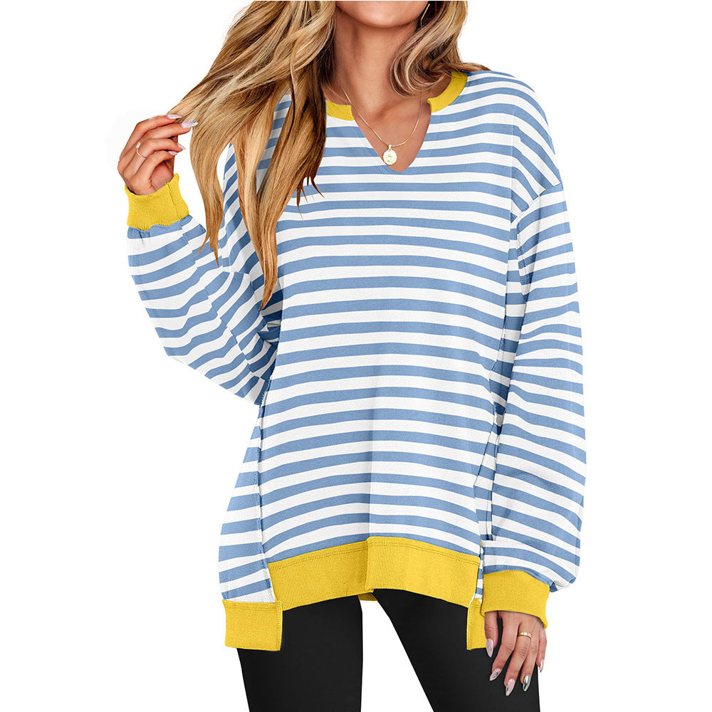 Colorful Striped V-Neck Loose Sweatshirt – Bold Comfort with Street Fashion Vibes