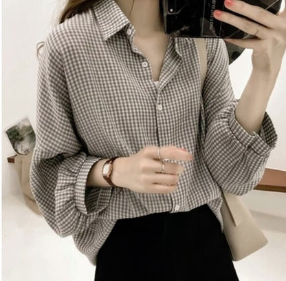 Loose-Fit Plaid Shirt – All-Match Layering Blouse for Women