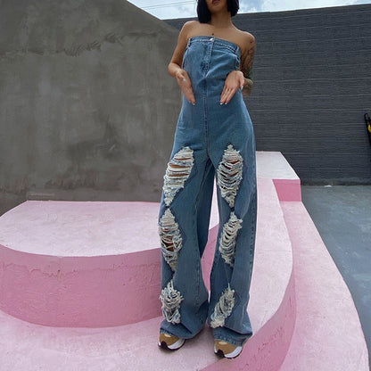 Full Ripped Style Hollow Out Strapless Backless Jean Jumpsuit