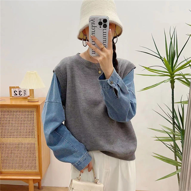 Loose Fit Fake Two-Piece Sweater Women's 3D Pattern Sweaters