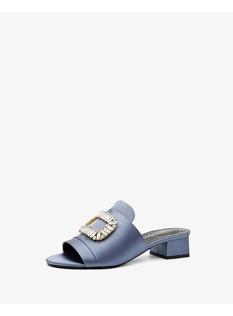 Square Rhinestones Decor Low Heel Women Summer Slippers