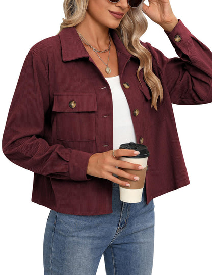 Women’s Corduroy Button Cropped Jacket – Long Sleeve Polyester Coats & Jackets 2025