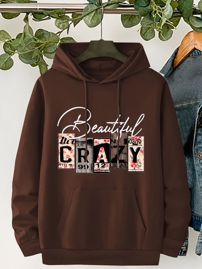 Plus Size CRAZY Print Hoodie – Women’s Casual Pullover Sweatshirt with Kangaroo Pocket for Fall/Winter