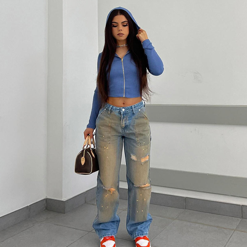 Loose Straight Fashion Street Denim Trousers – High-Waist Casual Jeans