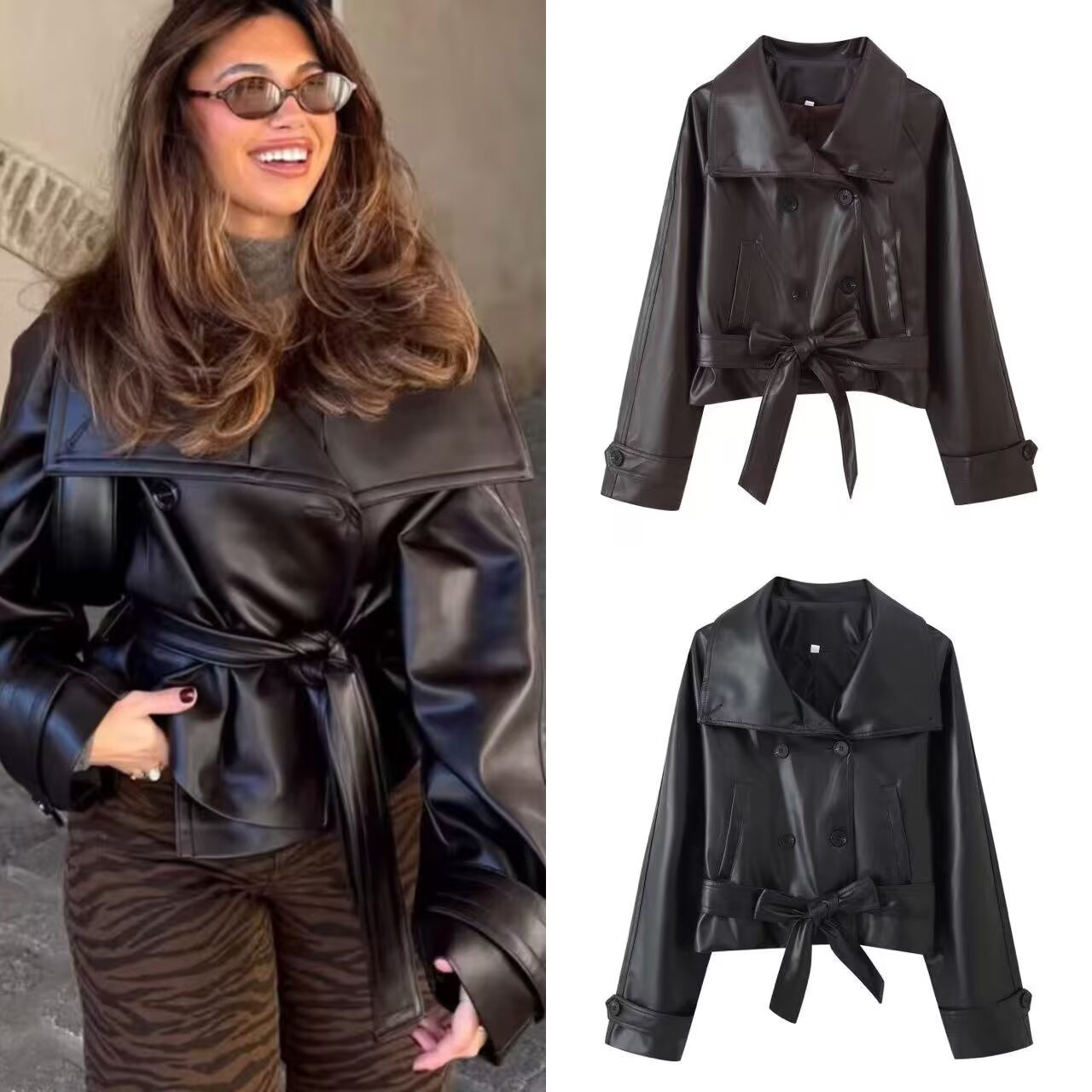 Ladies Long Sleeve Patent Leather Lapel Cropped Coats