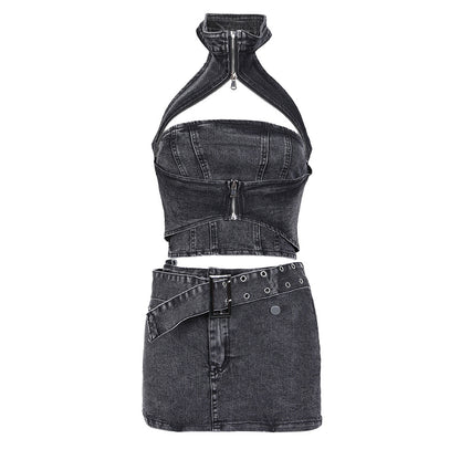 Backless Denim Two-Piece Outfit Set | Edgy Style 2025 Aesthetic
