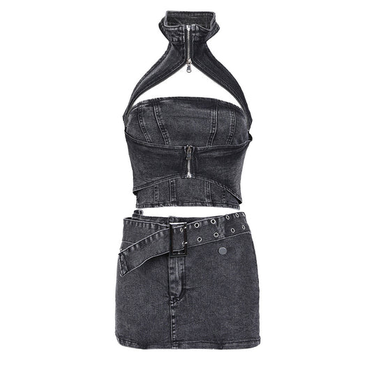 Backless Denim Two-Piece Outfit Set | Edgy Style 2025 Aesthetic