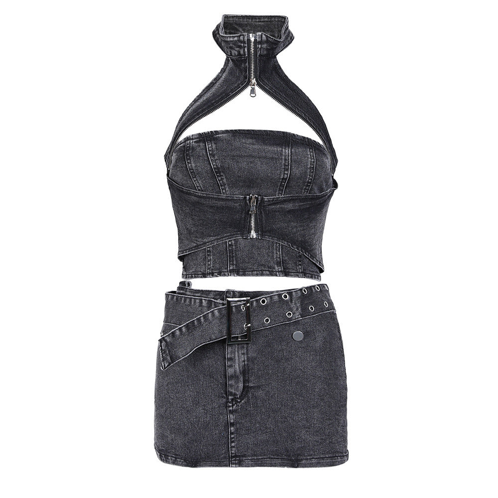Backless Denim Two-Piece Outfit Set | Edgy Style 2025 Aesthetic