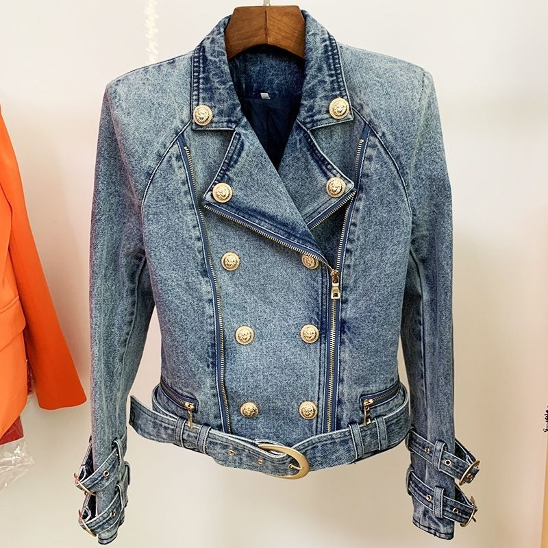 Locomotive-Style Denim Jacket for Women – Double Buckle Streetwear Outerwear Blue Wash