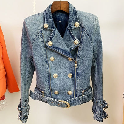 Locomotive-Style Denim Jacket for Women – Double Buckle Streetwear Outerwear Blue Wash