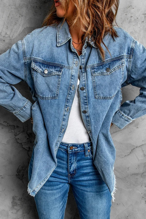High Street Style Woman Casual Blue Cropped Denim Jacket