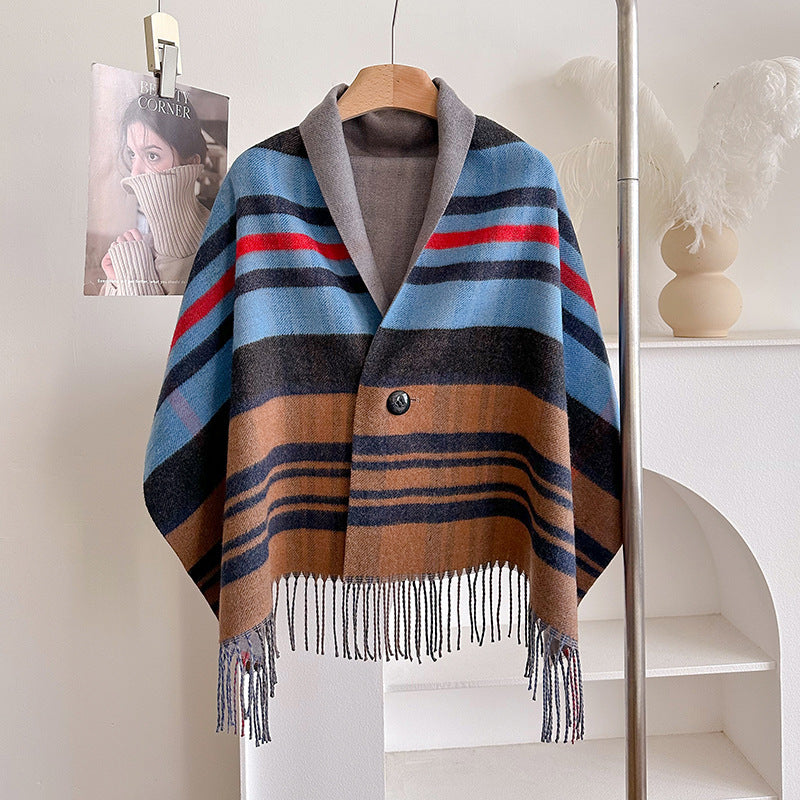 Double-Sided Wool Cloak – Tassel Shawl with Color Grid for Winter