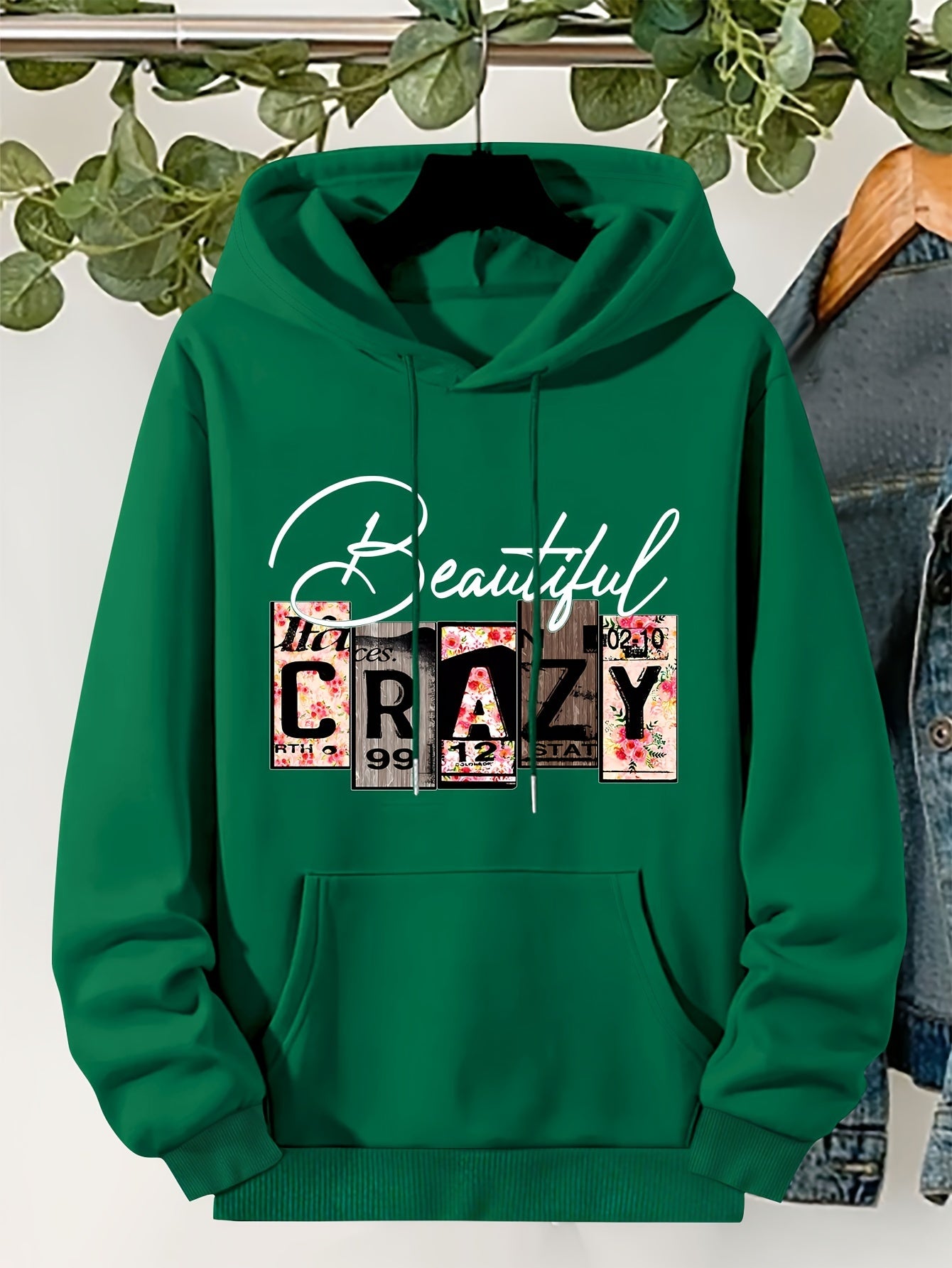 Plus Size CRAZY Print Hoodie – Women’s Casual Pullover Sweatshirt with Kangaroo Pocket for Fall/Winter