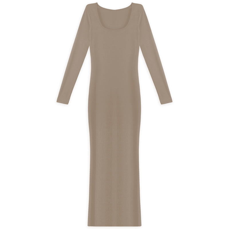 Elegant Long Sleeve Ribbed Mock Neck Solid Dress