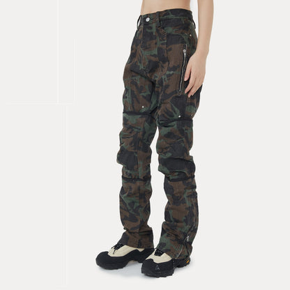 Retro Camouflage Street Trousers – Mid-Waist Straight-Leg Cargo Pants