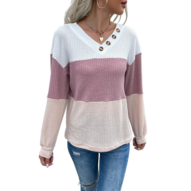 Trendy Color Block Waffle Knit Pullover – V-Neck Loose Sweater for Women