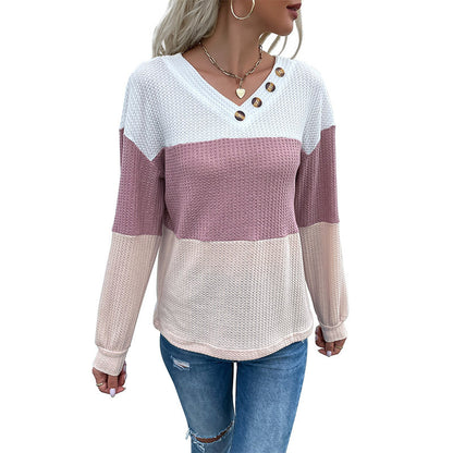 Trendy Color Block Waffle Knit Pullover – V-Neck Loose Sweater for Women