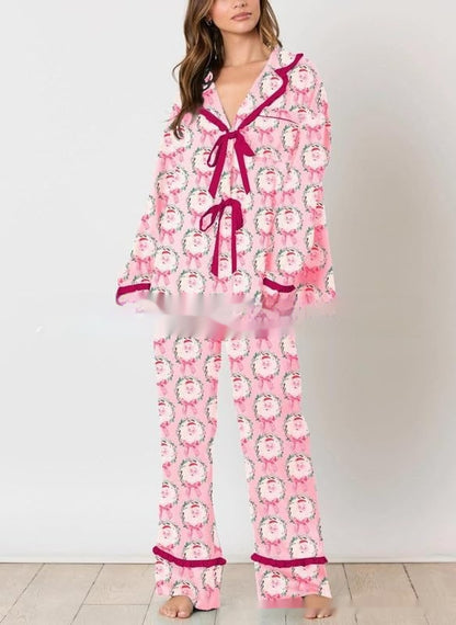 Hirigin Christmas Women S Striped Pajama Set Long Sleeve Satin Shirt Elastic Wide Loose Pants 2 Piece Lounge Sleepwear