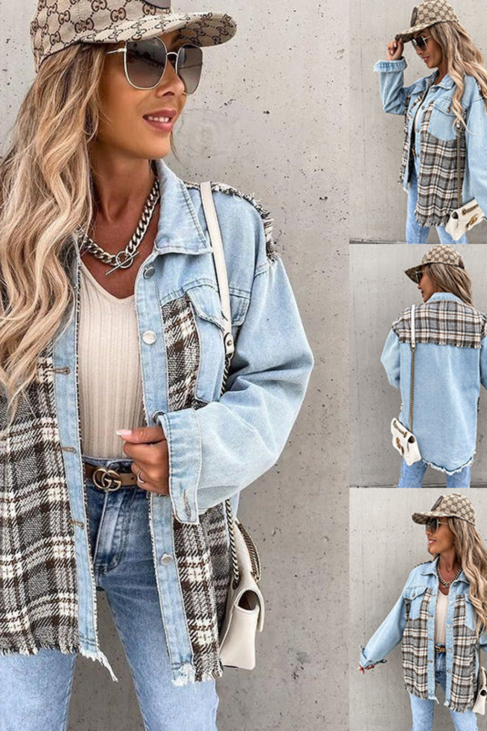 Woman wearing a denim jacket with plaid accents and a matching hat, standing against a concrete wall.