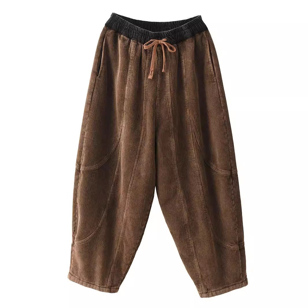 Loose Stitching & Brushed Warm Corduroy Trousers – Full-Length Winter Pants