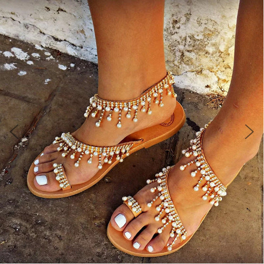 Square Faux Pearl Beads Flat Women Sandals