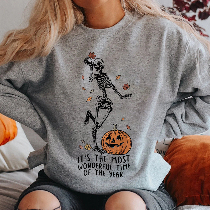 Halloween Skeleton Pumpkin Sweatshirt – Casual Loose Printed Pullover for Women