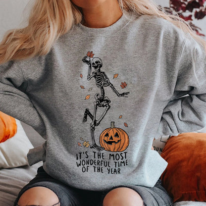 Halloween Skeleton Pumpkin Sweatshirt – Casual Loose Printed Pullover for Women