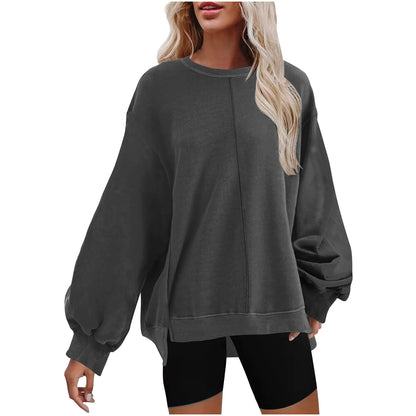 Minimal Solid Color Sweatshirts – Round Neck Raglan Sleeve Top for Women