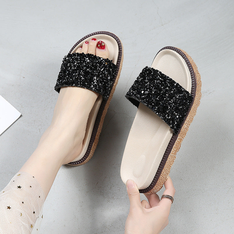 Korean Style Rhinestone & Sequin Slippers – Women’s Elegant Low Heel Flats