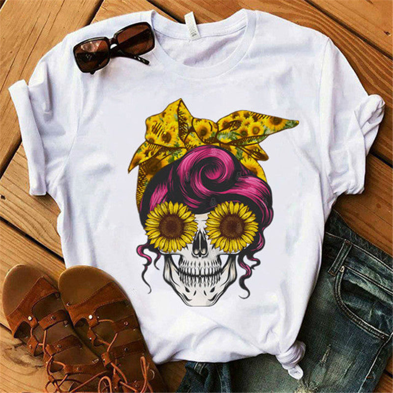 Womens Fashion Versatile Cow Skull Print T Shirt Casual Cute Short Sleeve Tee Summer Graphic Shirt Dress