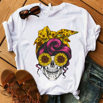 Womens Fashion Versatile Cow Skull Print T Shirt Casual Cute Short Sleeve Tee Summer Graphic Shirt Dress