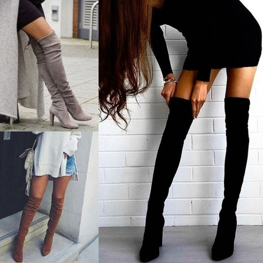 Pointed Toe Thick Heel Over-the-Knee Stretch Boots for Women | Premium Suede European & American Style