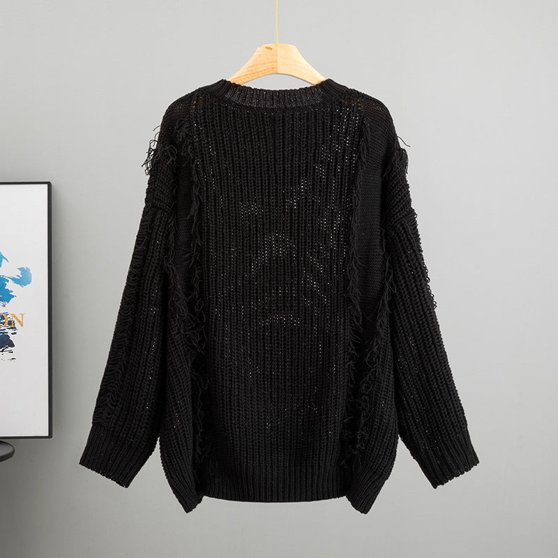 Loose V-neck Tassel Female Idle Style Long Sleeve Pullover Top