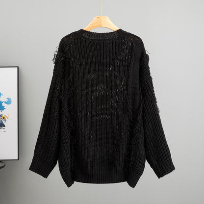 Loose V-neck Tassel Female Idle Style Long Sleeve Pullover Top