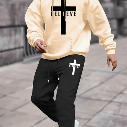 Men’s BELIEVE Cross Print Hoodie & Sweatpants Set – Casual 2-Piece Tracksuit for Fall/Winter Streetwear