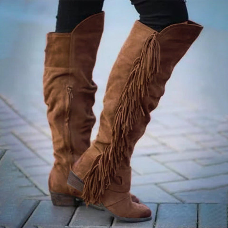 Plus-Size Long Tube Tassel Boots for Women | European & American Chic Winter Boots