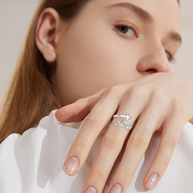 Adjustable Faith Ring – 925 Sterling Silver Cross Band with Cubic Zirconia & Inspirational Quote