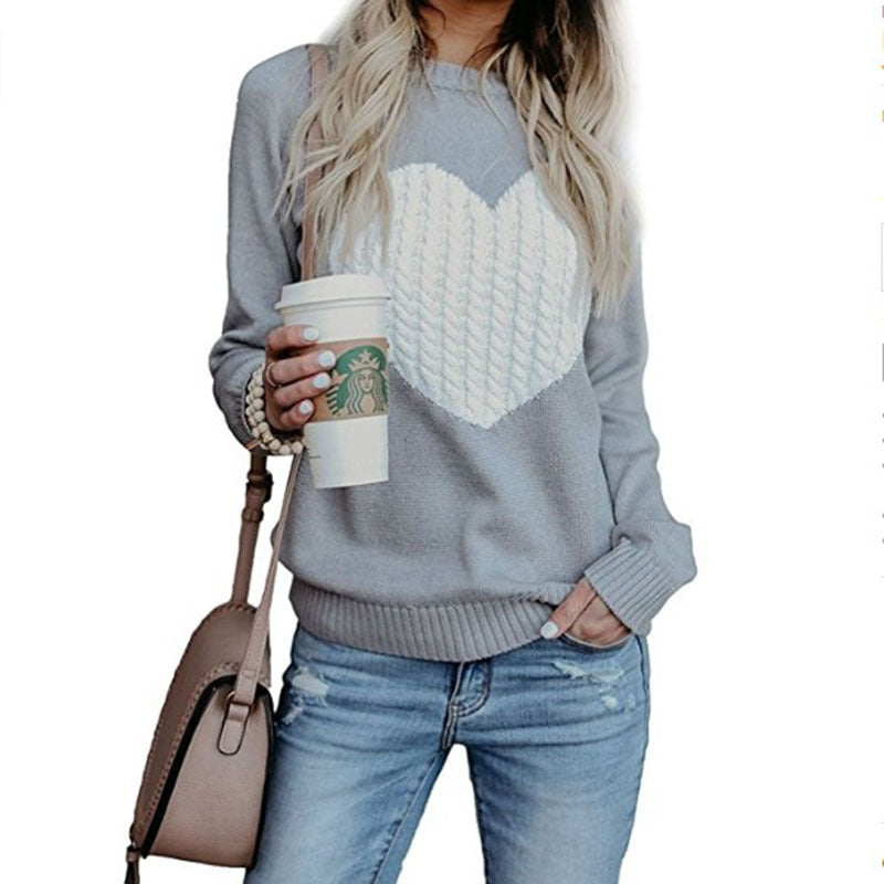 Women's Autumn & Winter Heart Pattern Pullover – Casual O-Neck Loose Knit Sweater