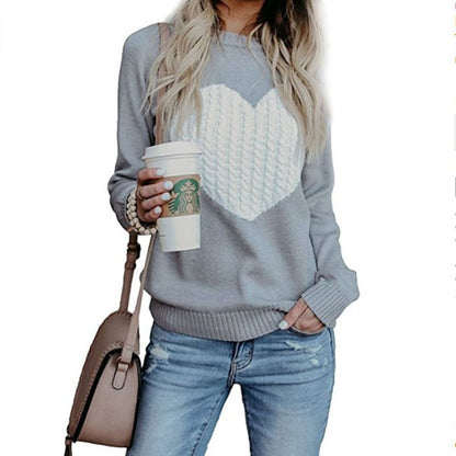 Women's Autumn & Winter Heart Pattern Pullover – Casual O-Neck Loose Knit Sweater