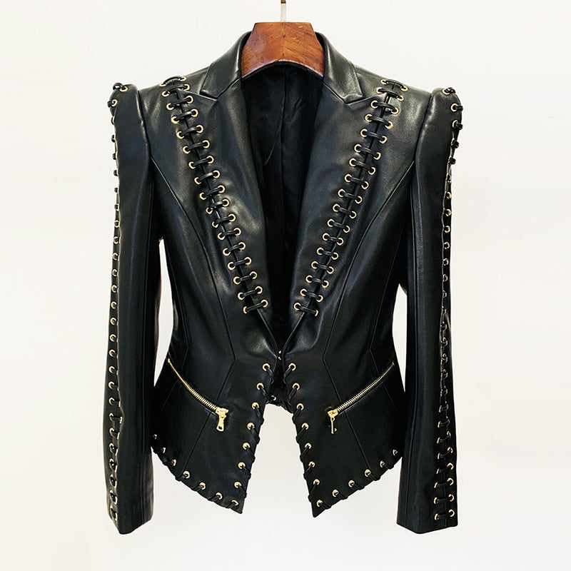 Lapel Collar Elegant Leather Cropped Jackets