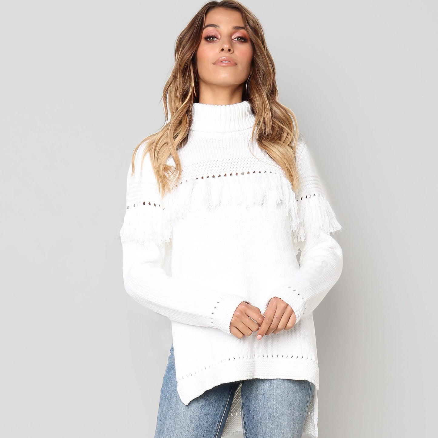 Women’s Turtleneck Tassel Sweater – Mid-Length Knitted Pullover