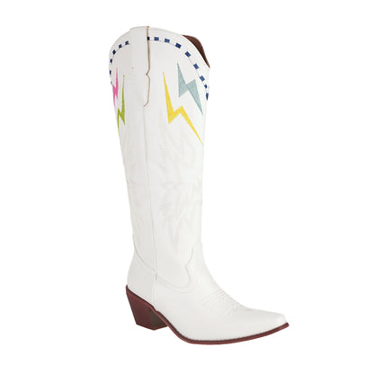 Lightning Embroidery Knee-High Boots for Women | Chunky Heel PU Leather Statement Boots