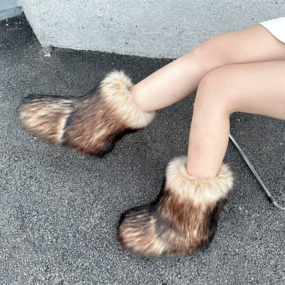 Solid Black Women Designer Snow Boots Metal Classic Furry Winter Warm Ankle Boots For Women